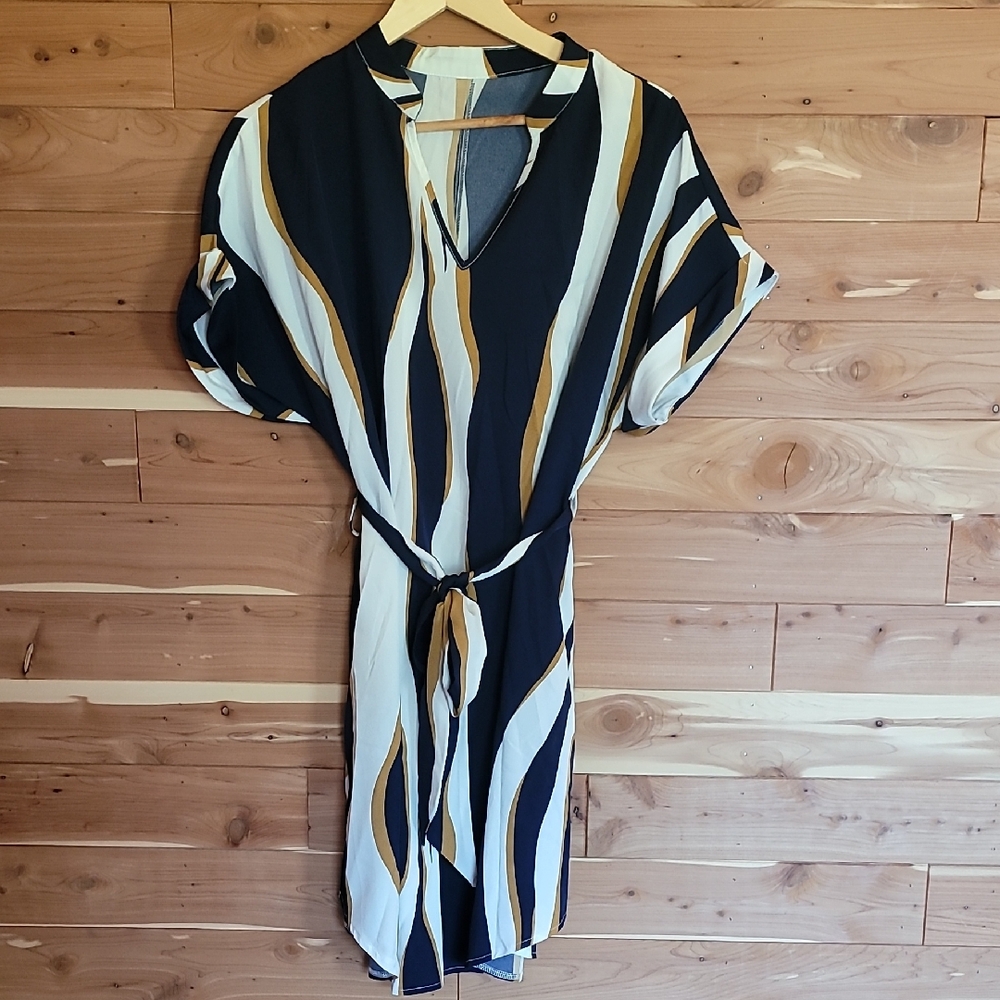 Shein Striped Wrap Dress, Size L, Navy, Tan, White, Soft